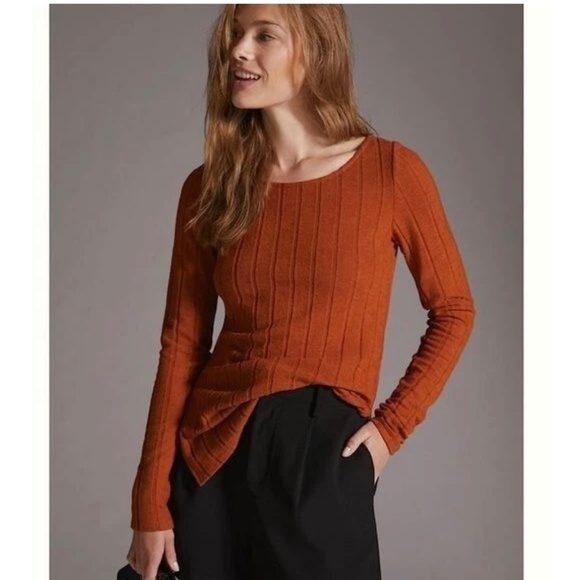 Anthropologie Women's Ribbed Side Slit Tunic Sweater Burnt Orange Stretch  Large - Picture 2 of 14